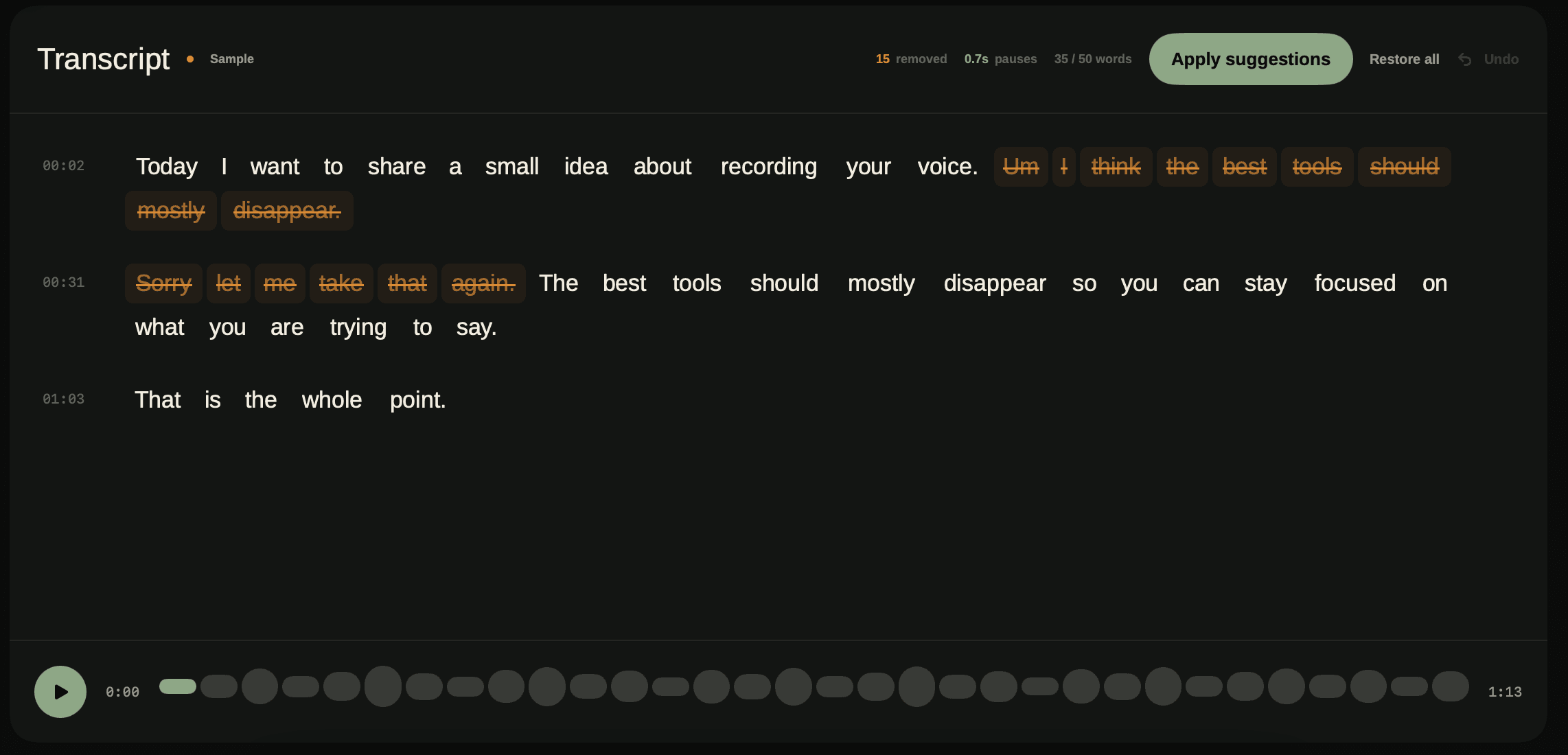 Poet Audio transcript editor showing reversible suggested word removals